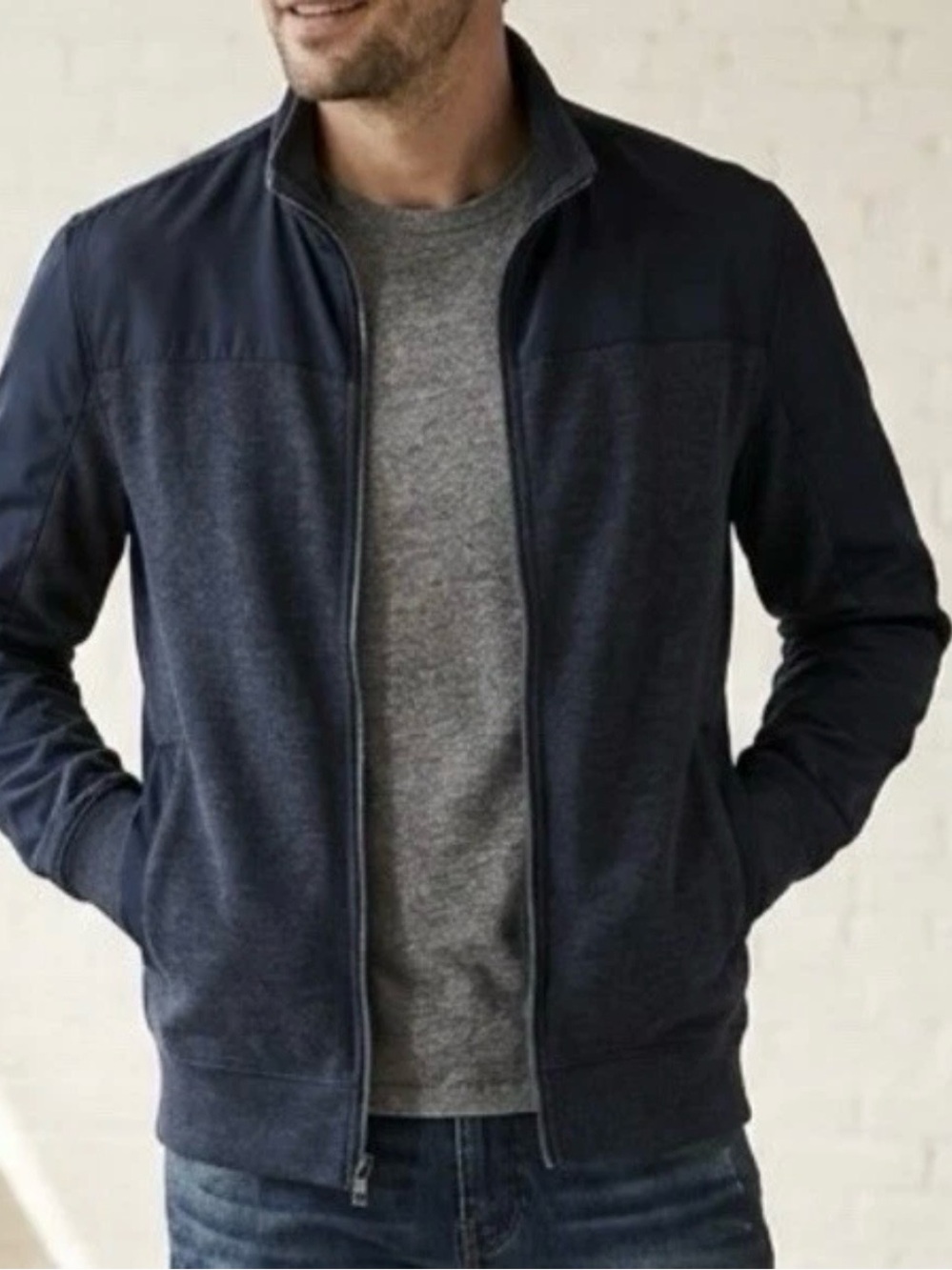 Banana Republic Men's Full Zip Mixed Media Track Jacket Sweater Navy Blue Size L